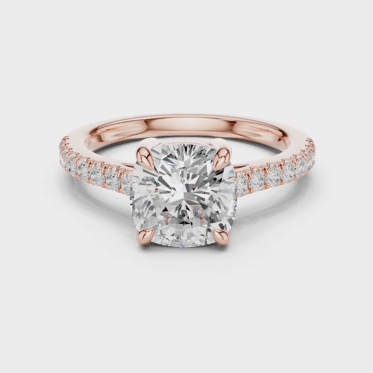 Rose Gold 360 degree cushion cut moissanite engagement ring sparkle video
