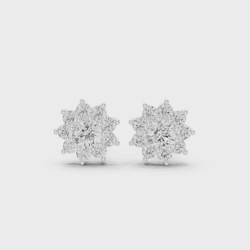 mozow x white gold floral halo moissanite stud earrings 360 rotating jewelry view