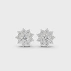 mozow x white gold floral halo moissanite stud earrings 360 rotating jewelry view