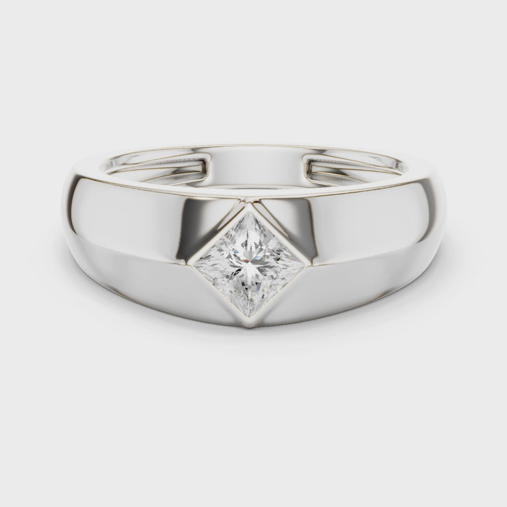 360 degree rotating white gold princess cut men’s bezel ring with polished band detail