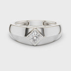 360 degree rotating white gold princess cut men’s bezel ring with polished band detail