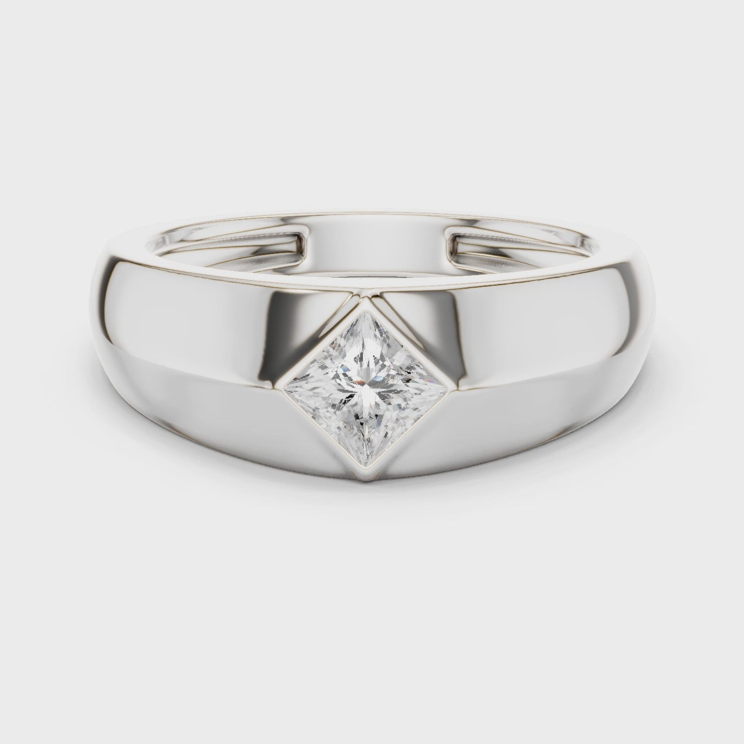 360 degree rotating white gold princess cut men’s bezel ring with polished band detail