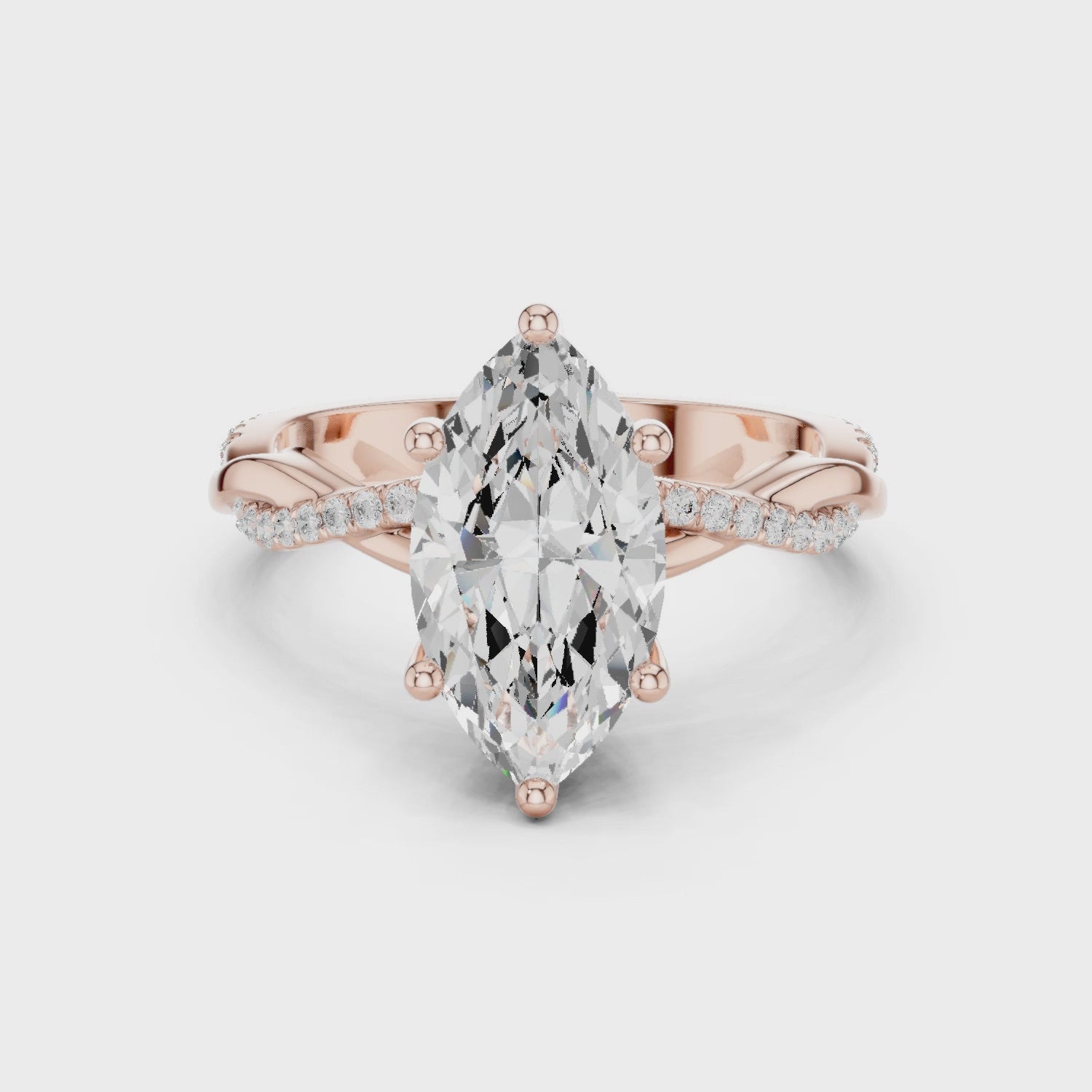 mozow x marquise moissanite twisted pave engagement ring rose gold 360 degree rotating sparkle view