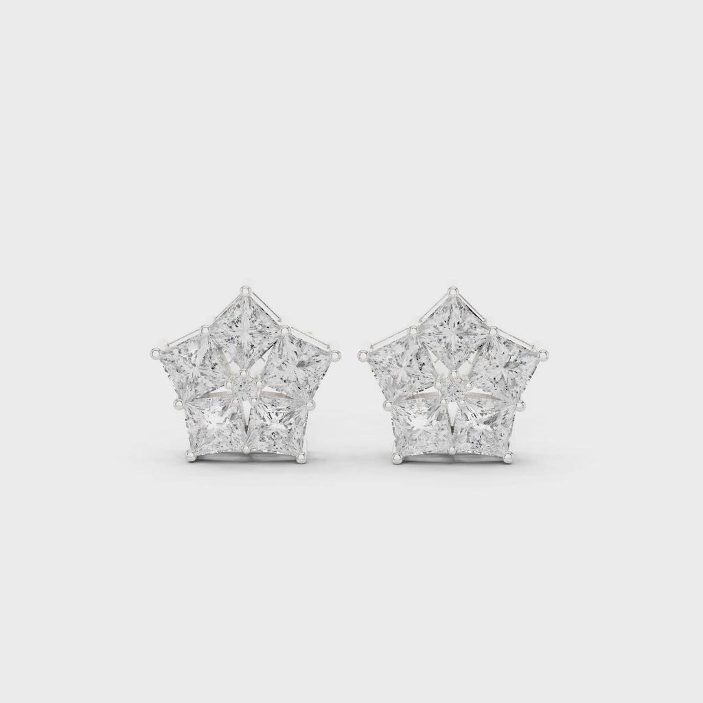 white gold princess cluster moissanite stud earrings 360 rotating video
