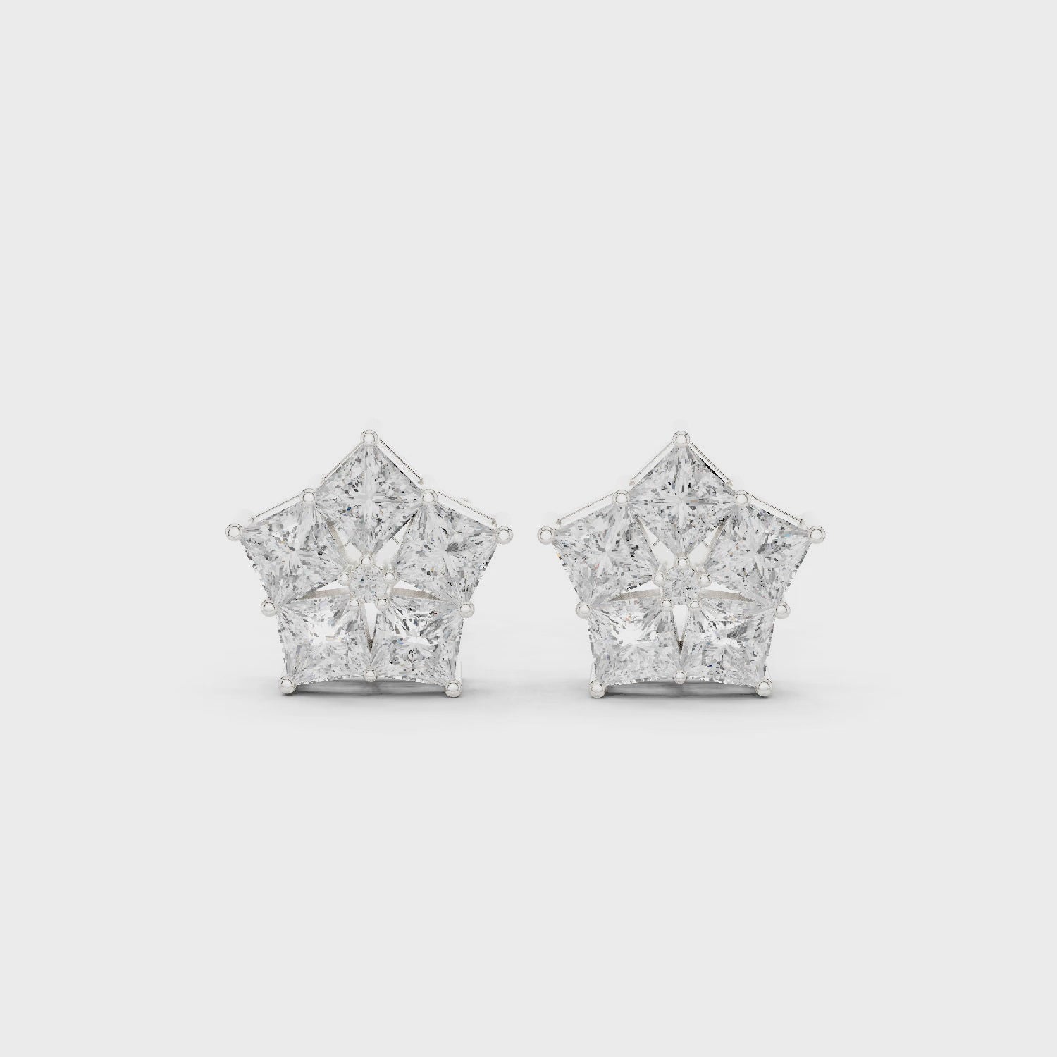 white gold princess cluster moissanite stud earrings 360 rotating video
