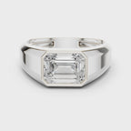 360 degree rotating white gold emerald cut men’s bezel ring showcasing full band detailing