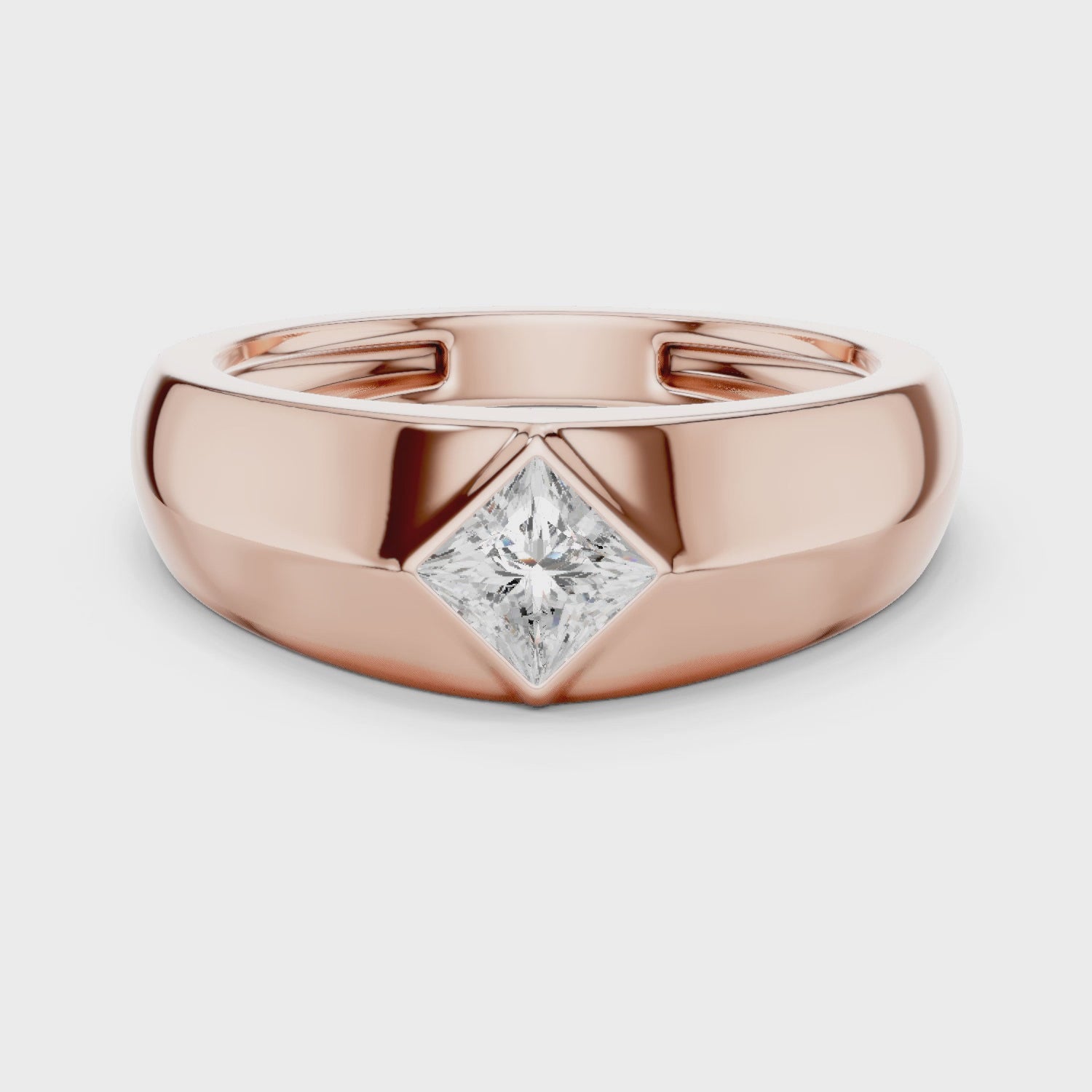 Complete 360 view of rose gold princess cut men’s luxury ring showing modern geometry