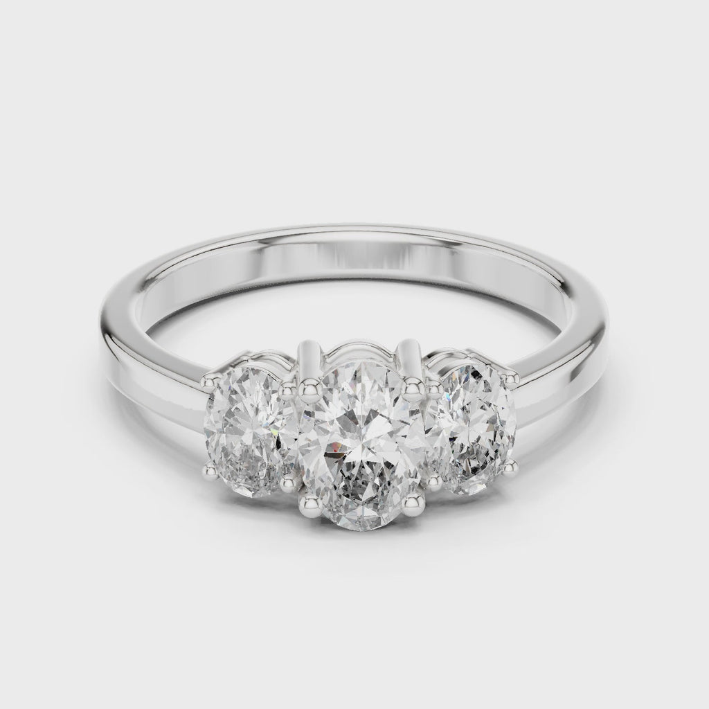 White gold three stone oval engagement ring 360 rotating view
