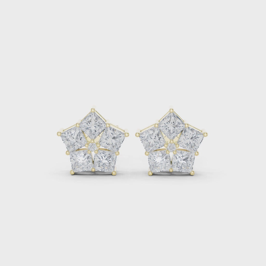 yellow gold star cluster moissanite stud earrings 360 product rotation
