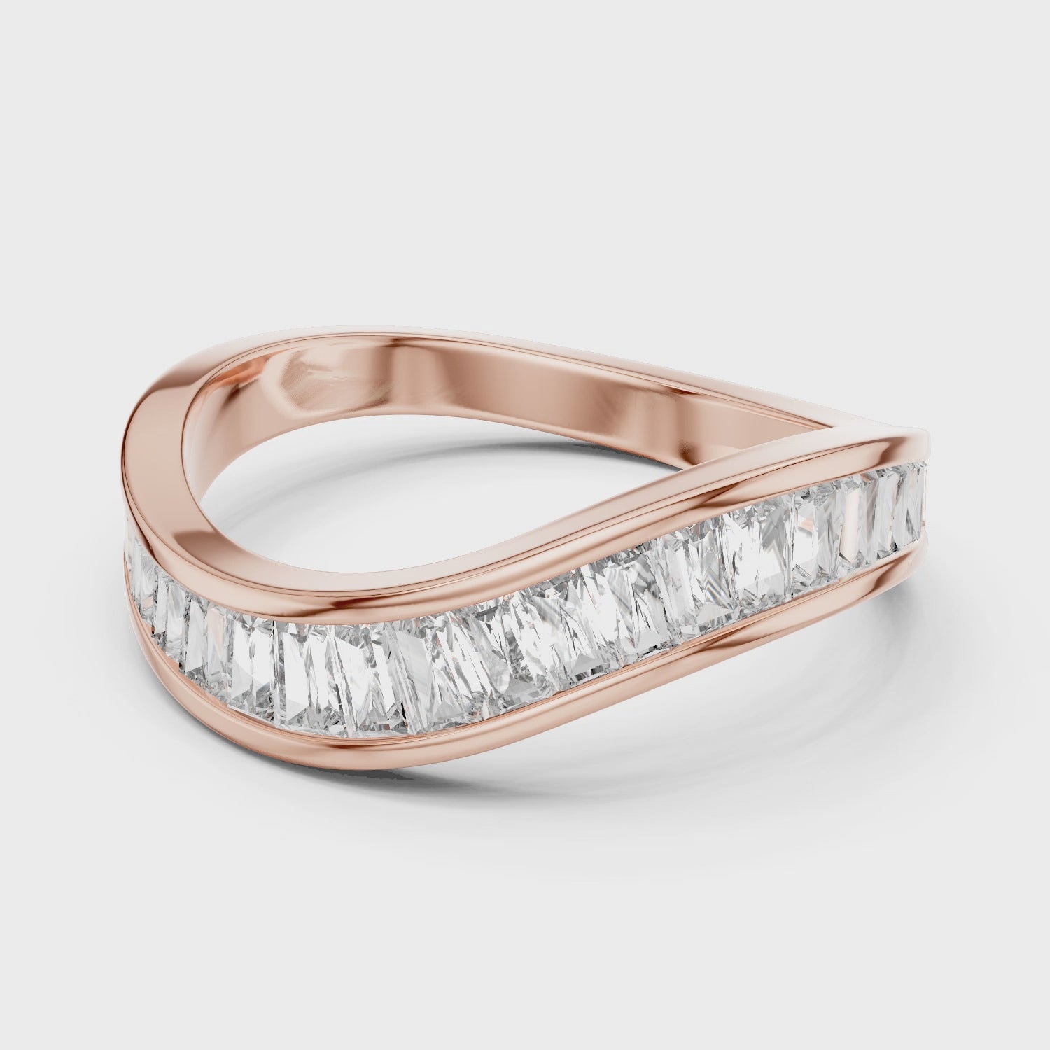 mozow x curved baguette moissanite band ring 360 degree rotating view channel set designer ring in rose gold luxury jewellery