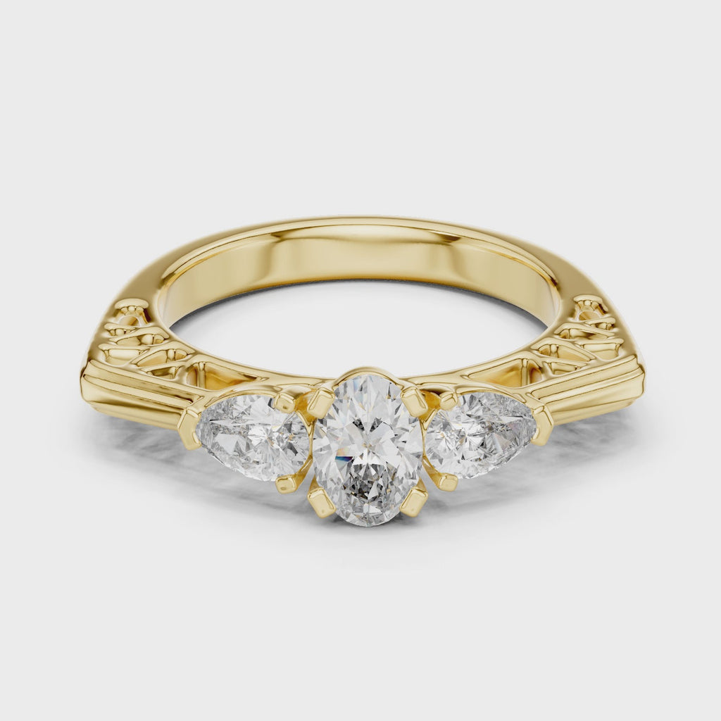 Mozow X 1.00ct Oval Center Pear Side Three Stone Ring in Yellow Gold – 360 Degree Product View