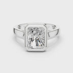 360 degree rotating white gold radiant cut men’s bezel ring showing full band detailing