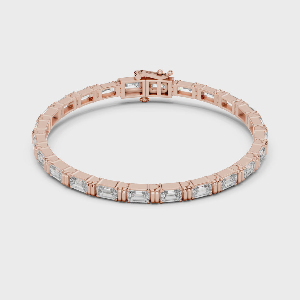 Elegant rose gold emerald cut moissanite bracelet full 360 degree view