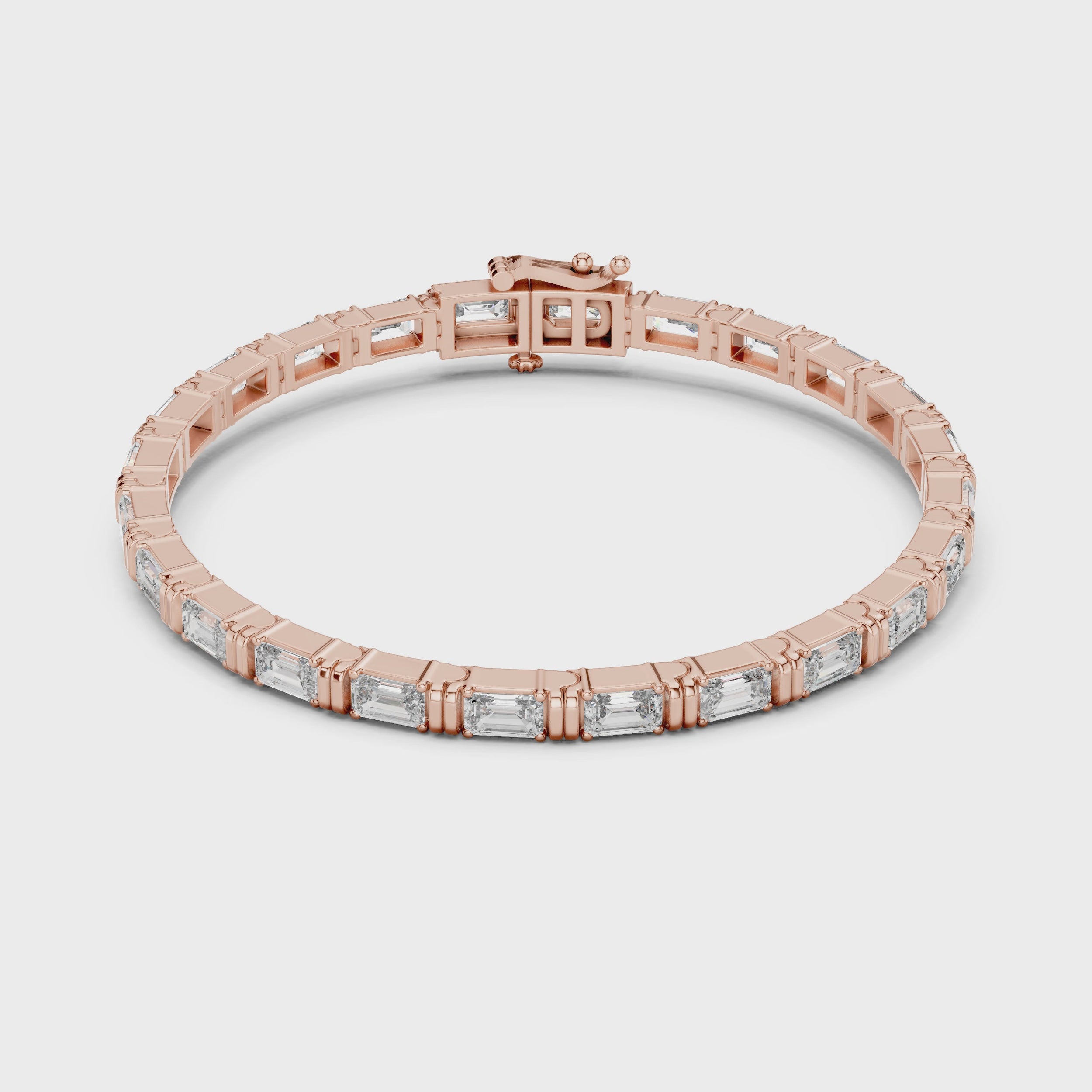Elegant rose gold emerald cut moissanite bracelet full 360 degree view